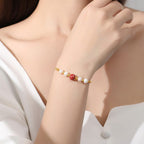 Fortune Jewel 925 Sterling Silver Pearl Cinnabar Healing Bead Chain Bracelet