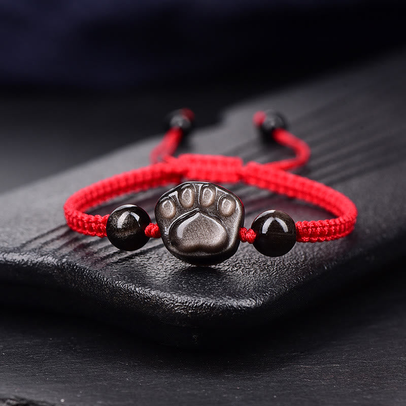 Fortune Jewel Natural Silver Sheen Obsidian Gold Sheen Obsidian Cute Cat Paw Claw Protection Rope Bracelet