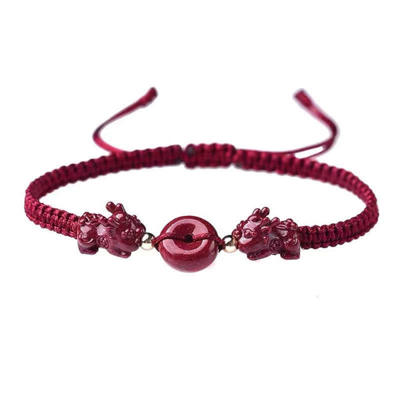Fortune Jewel Cinnabar PiXiu Blessing Copper Coin Peace Buckle Red String Bracelet