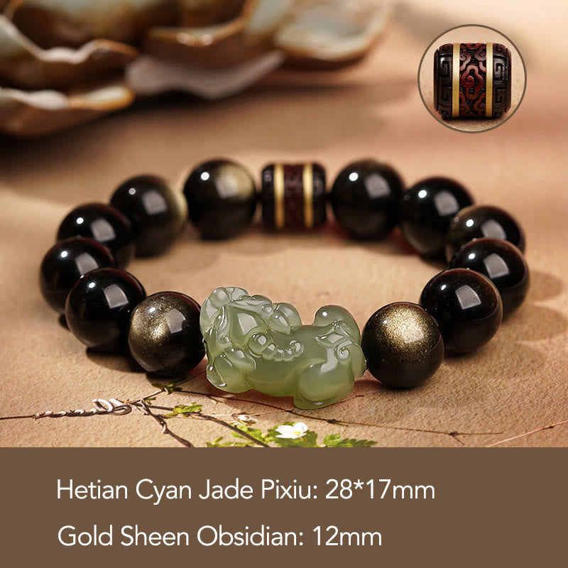 Fortune Jewel Natural Gold Sheen Obsidian Hetian Cyan Jade White Jade PiXiu Wealth Bracelet