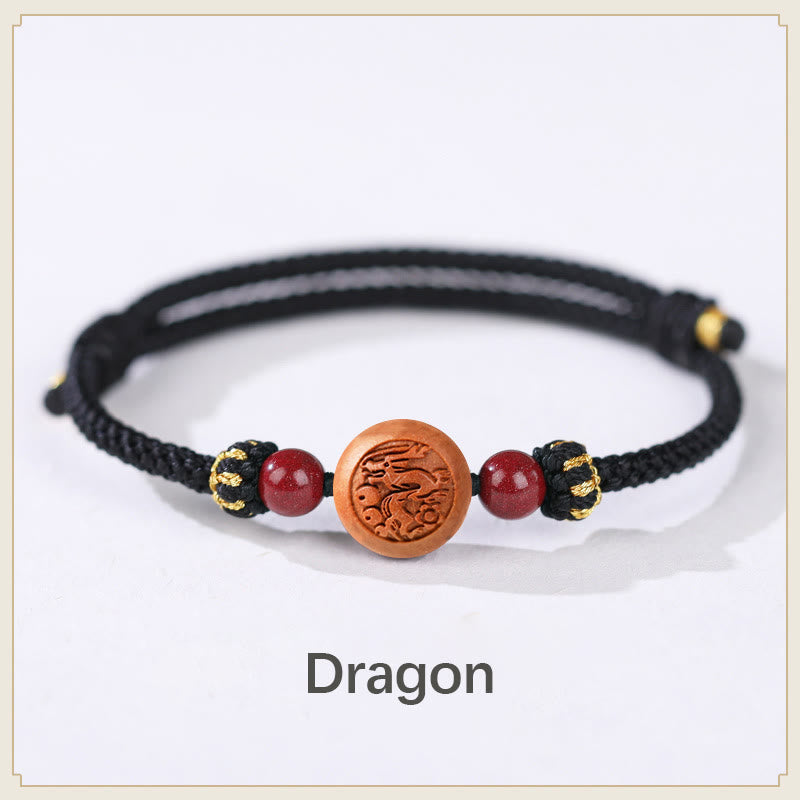 Fortune Jewel Natural Peach Wood Chinese Zodiac Fu Character Carved Cinnabar Wealth Bracelet