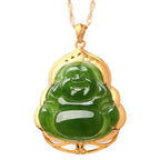 Fortune Jewel 925 Sterling Silver Natural Hetian Cyan Jade Laughing Buddha 18K Gold Healing Necklace Chain Pendant Fortune Jewel