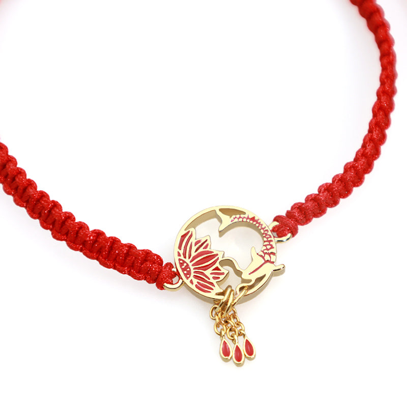 Fortune Jewel Tibetan Handmade Lotus Koi Fish Lucky Red String Bracelet