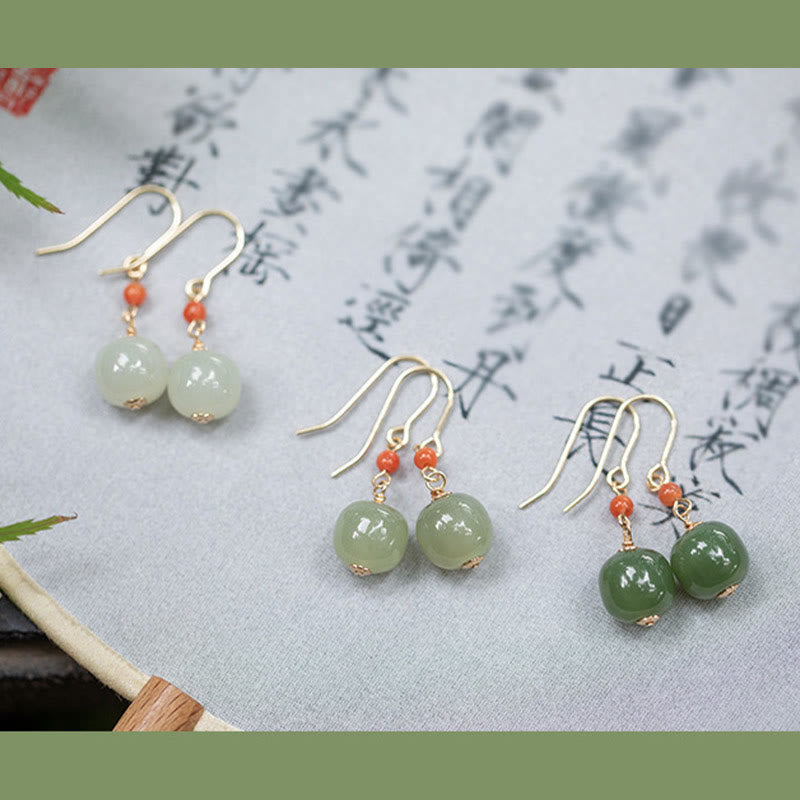 Fortune Jewel 925 Sterling Silver Plated 14k Gold Hetian Jade Red Agate Luck Drop Dangle Earrings