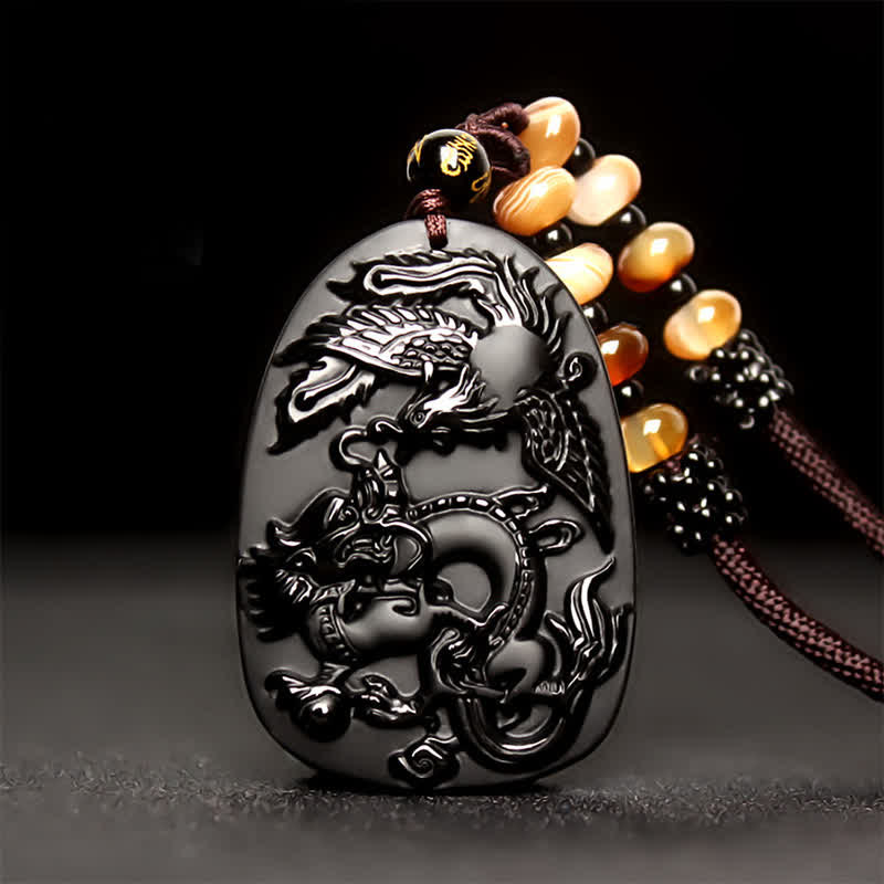 Fortune Jewel Black Obsidian Tiger Eye Dragon Phoenix Protection Beaded Necklace Pendant