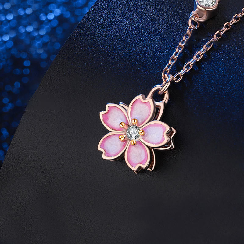 Fortune Jewel 925 Sterling Silver Cherry Blossom Flower Rotatable Protection Necklace Pendant