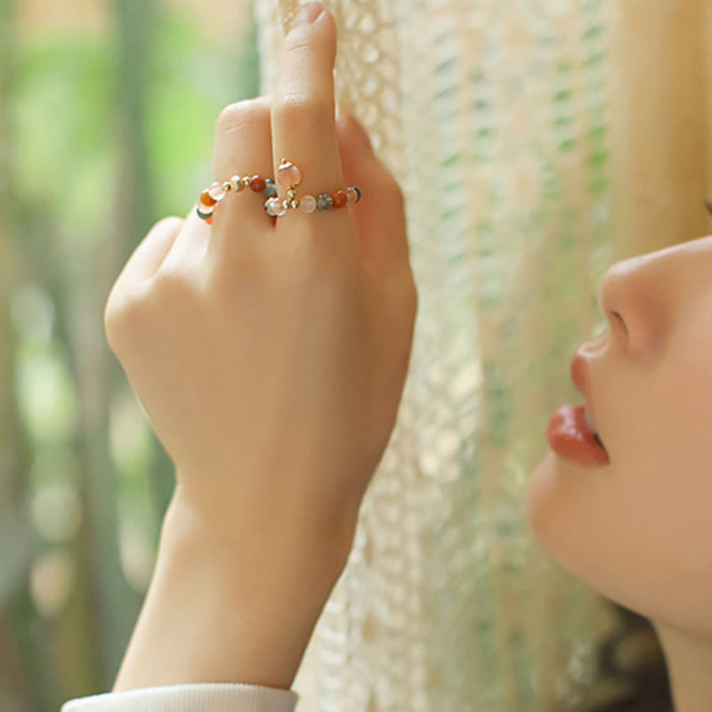 Fortune Jewel 14k Gold Plated Copper Fu Lu Shou Crystal Peach Moonstone Happiness Wealth Ring