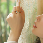 Fortune Jewel 14k Gold Plated Copper Fu Lu Shou Crystal Peach Moonstone Happiness Wealth Ring
