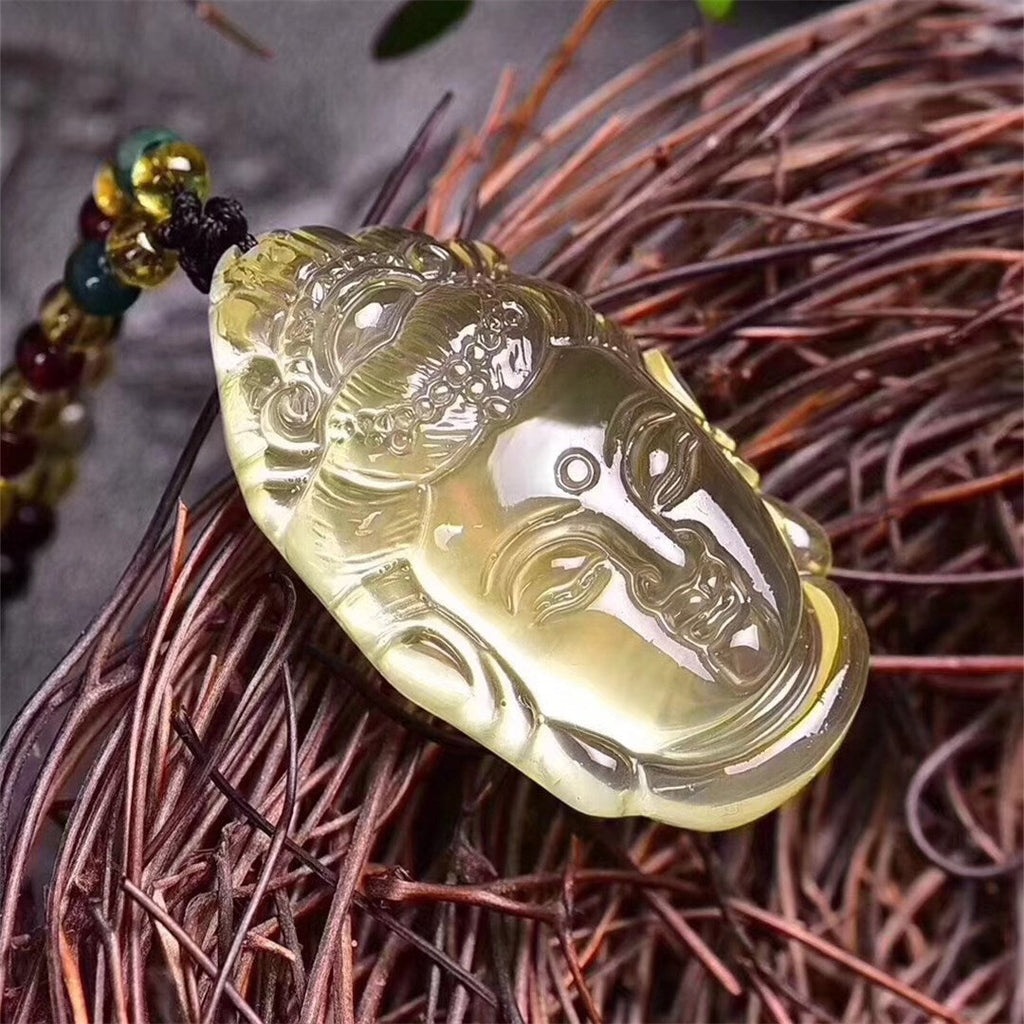 Natural Citrine Guanyin Head Pendant Necklace, White Crystal Guanyin Buddha Necklace