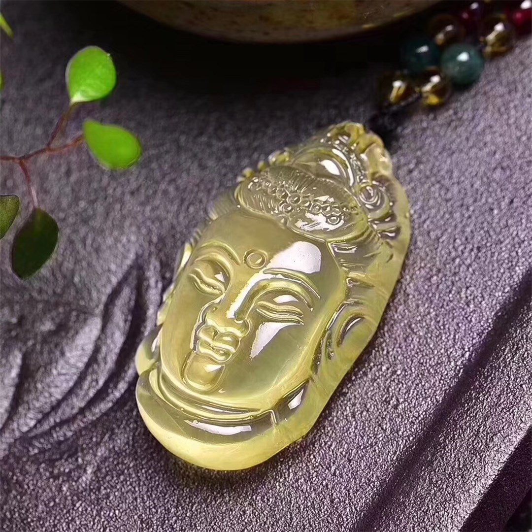 Natural Citrine Guanyin Head Pendant Necklace, White Crystal Guanyin Buddha Necklace