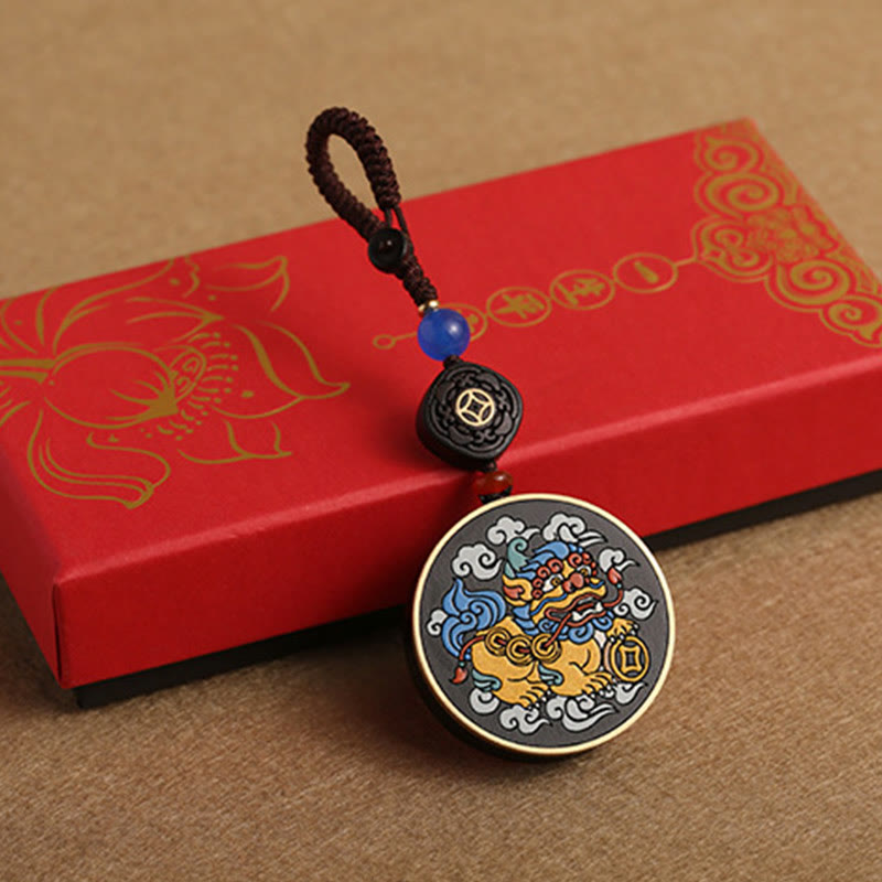 Fortune Jewel PiXiu Copper Coin Ebony Wood Luck Attract Wealth Key Chain Decoration