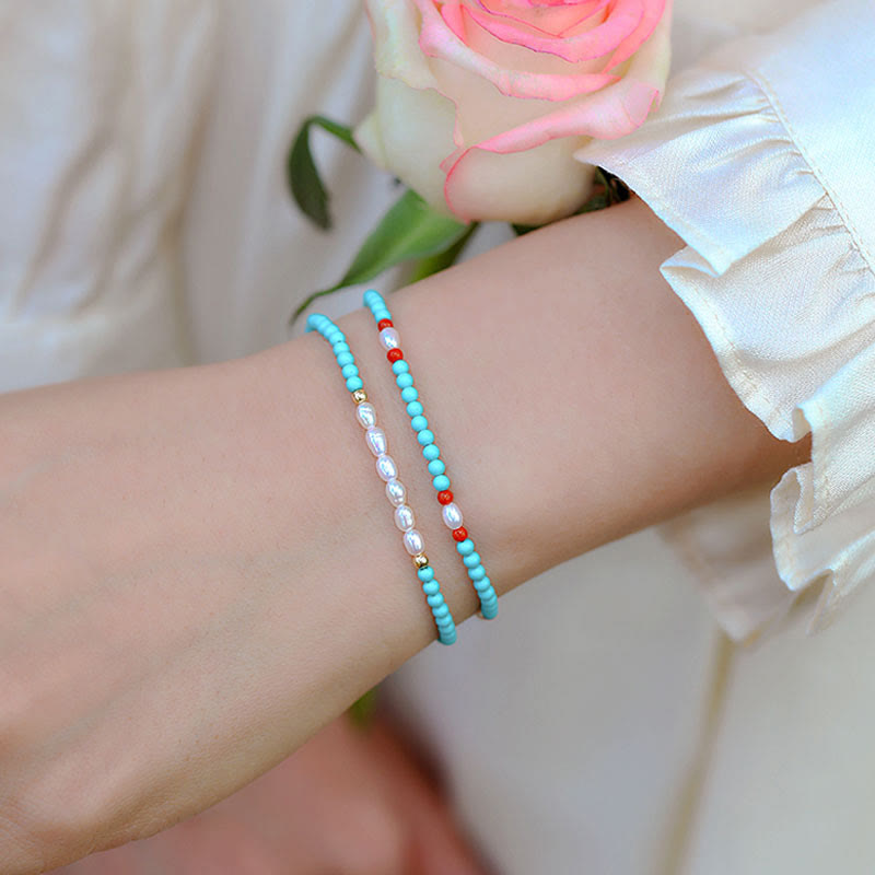 Fortune Jewel Turquoise Red Agate Pearl Small Beaded Protection Bracelet