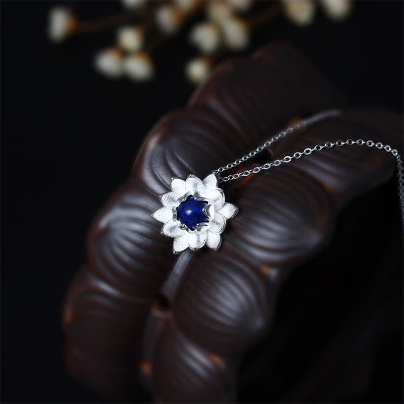 Fortune Jewel 925 Sterling Silver Lazurite Lotus Flower Self Care Necklace Pendant