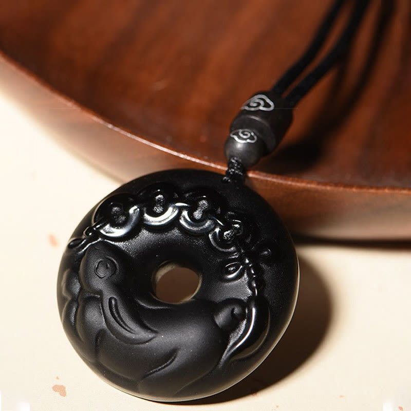 Fortune Jewel Chinese Zodiac Natural Black Obsidian Peace Buckle Strength Necklace Pendant