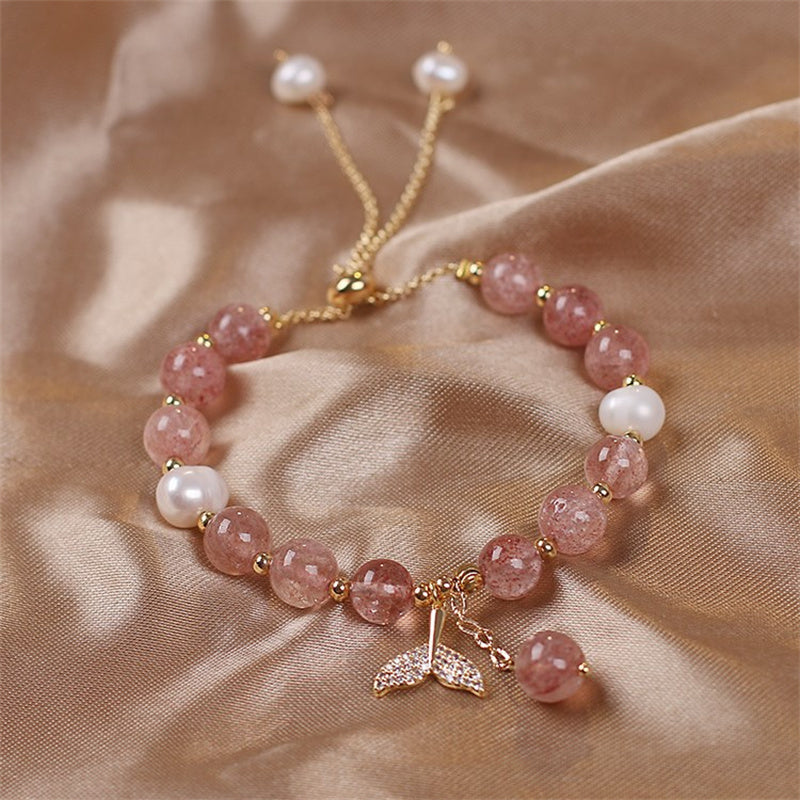 Fortune Jewel Strawberry Quartz Rutilated Quartz Fishtail Charm Healing Bracelet