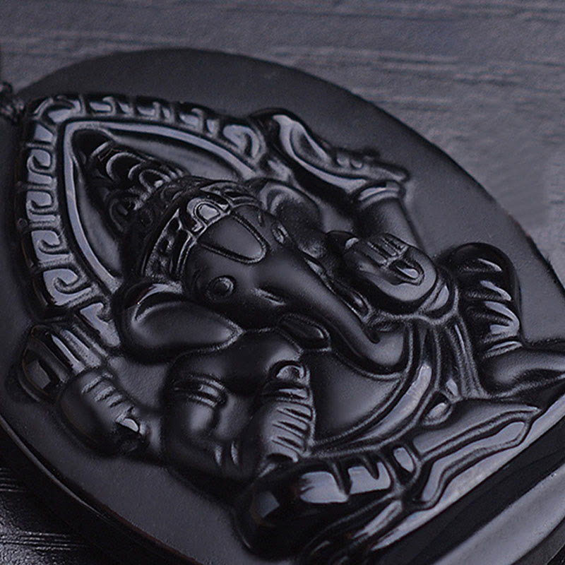 Fortune Jewel Tibetan Obsidian Ganesh Ganpati Elephant Wealth Amulet Necklace