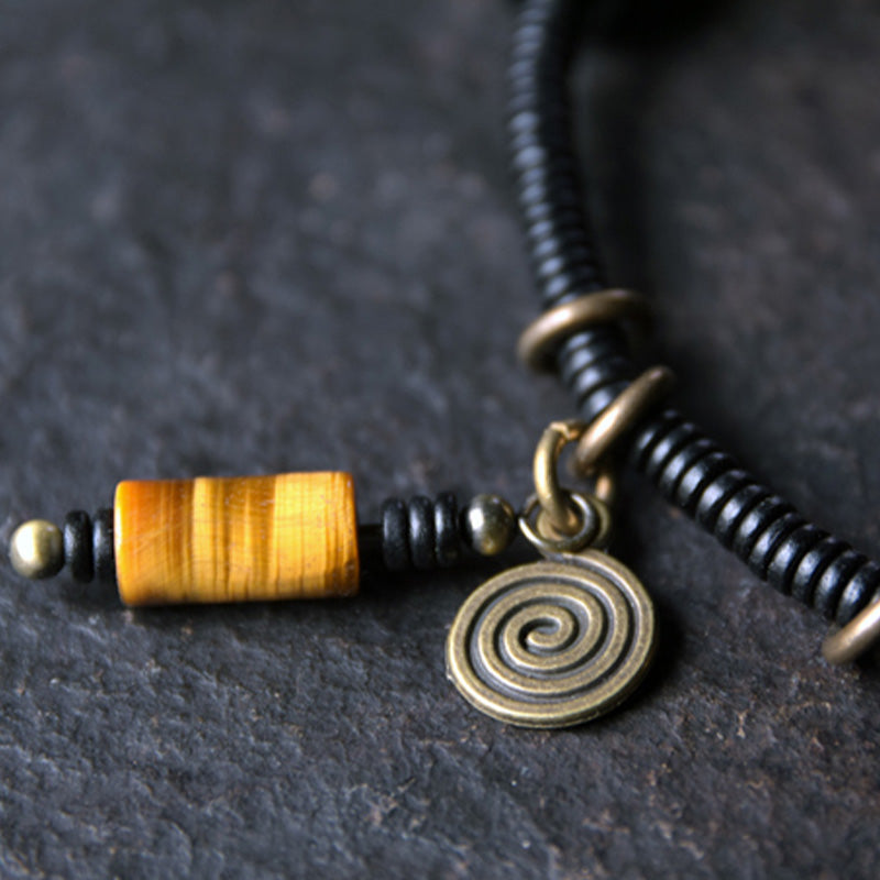 Fortune Jewel Ebony Wood Dzi Bead Copper Peace Couple Bracelet Necklace Pendant