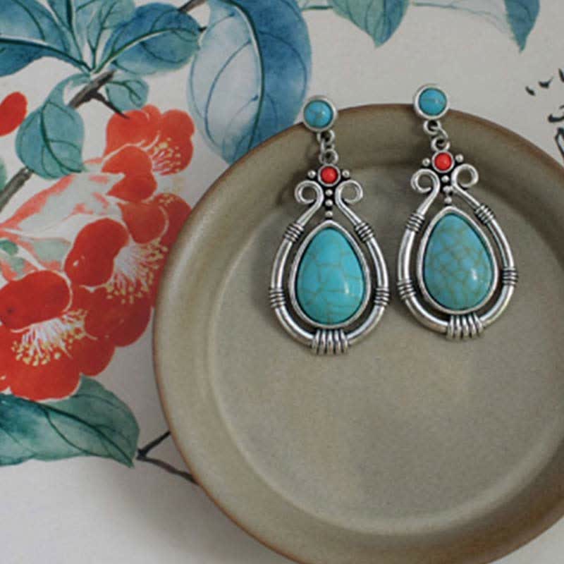 Fortune Jewel Tibet Vintage Turquoise Waterdrop Strength Drop Dangle Earrings Clips