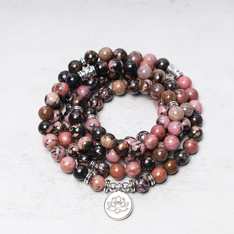 Fortune Jewel 108 Mala Beads Rhodonite Lotus Compassion Energy Bracelet