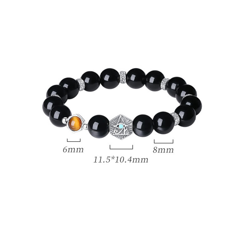 Fortune Jewel 925 Sterling Silver Black Obsidian Tiger Eye Eye of Providence Purification Bracelet