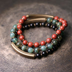Fortune Jewel Red Jasper Moss Agate Black Obsidian Crystal Copper Peace Couple Bracelet