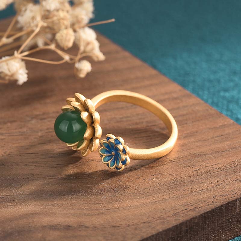 Fortune Jewel Lotus Pattern Jade Abundance Adjustable Ring Fortune Jewel