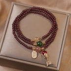 Fortune Jewel Natural Garnet Strawberry Quartz Crystal Fox Koi Fish Peace Buckle Fortune Protection Triple Wrap Bracelet