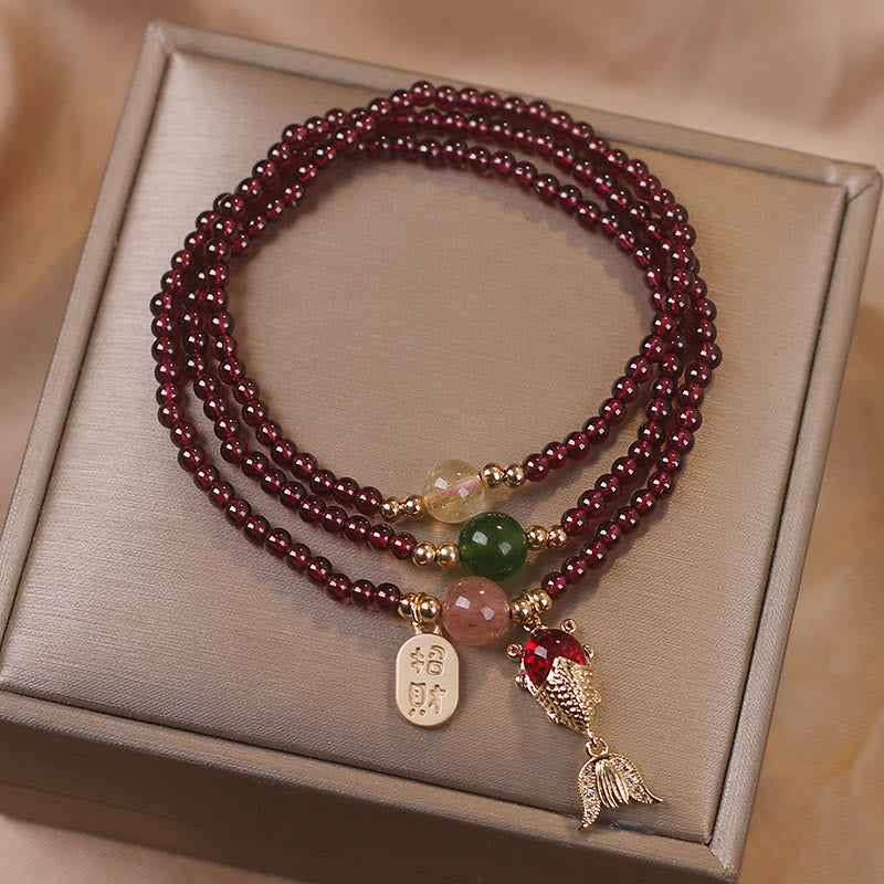 Fortune Jewel Natural Garnet Strawberry Quartz Crystal Fox Koi Fish Peace Buckle Fortune Protection Triple Wrap Bracelet