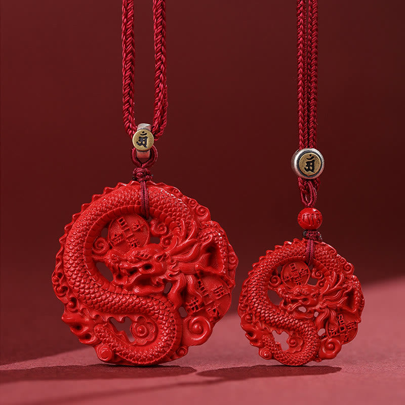 Fortune Jewel Year of the Dragon 925 Sterling Silver Natural Cinnabar Copper Coin Luck Necklace Pendant