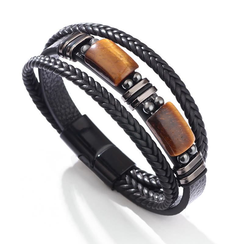 Fortune Jewel Tiger Eye Power Magnetic Buckle Multilayered Leather Bracelet