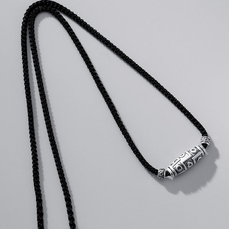 Fortune Jewel 999 Sterling Silver Nine-Eye Dzi Bead Pattern Protection Rope Necklace Pendant