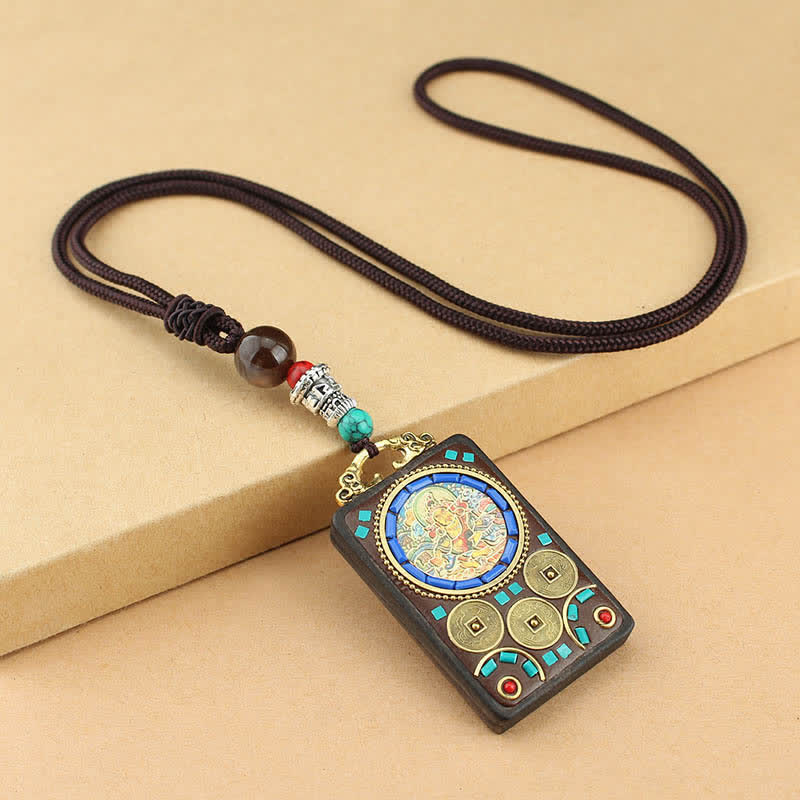 Fortune Jewel Tibet God of Wealth Thangka Ebony Peace Necklace Pendant