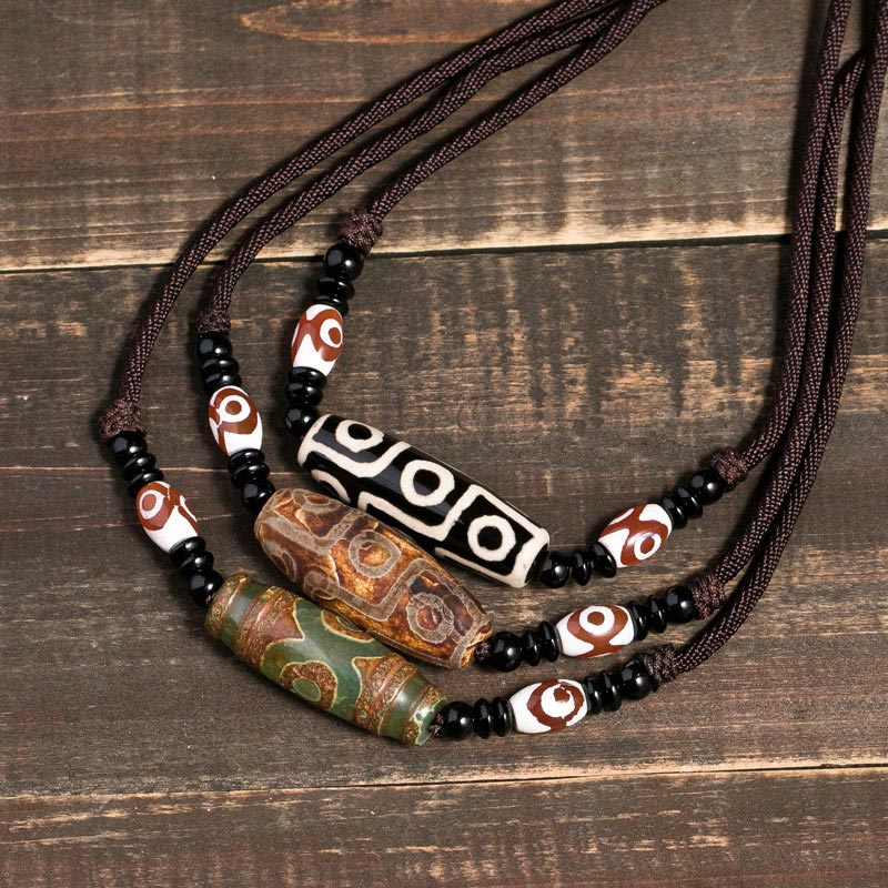 Fortune Jewel Tibetan Nine-Eye Dzi Bead Protection String Necklace