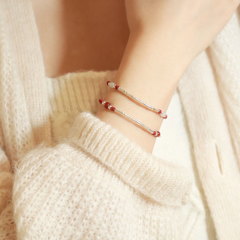 Fortune Jewel 925 Sterling Silver Bamboo White Agate Red Agate Bead Protection String Braided Bracelet