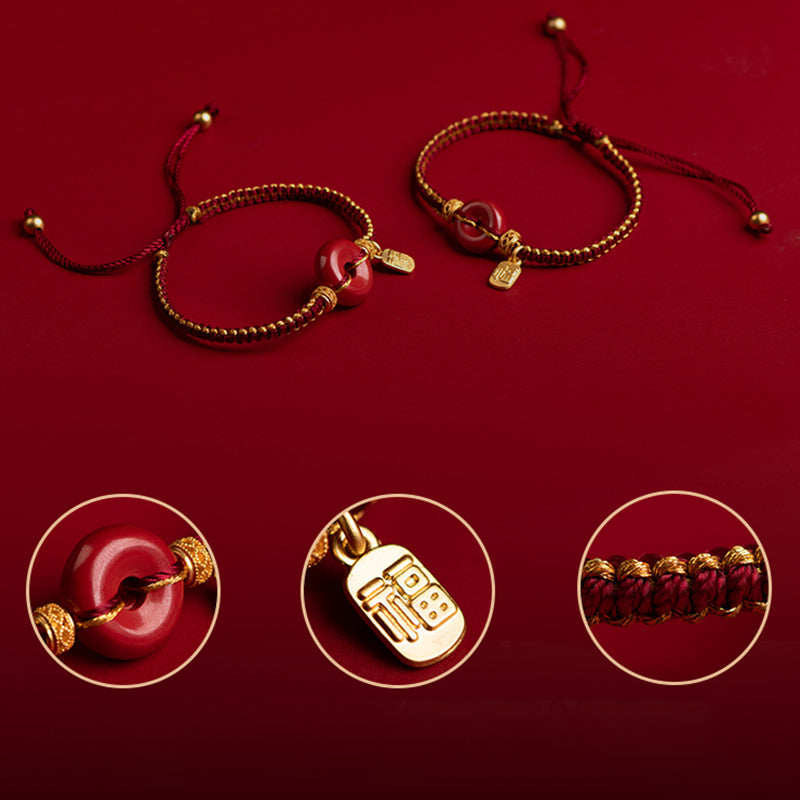 Fortune Jewel Natural Cinnabar Peace Buckle Fu Character Charm Blessing Braided Bracelet
