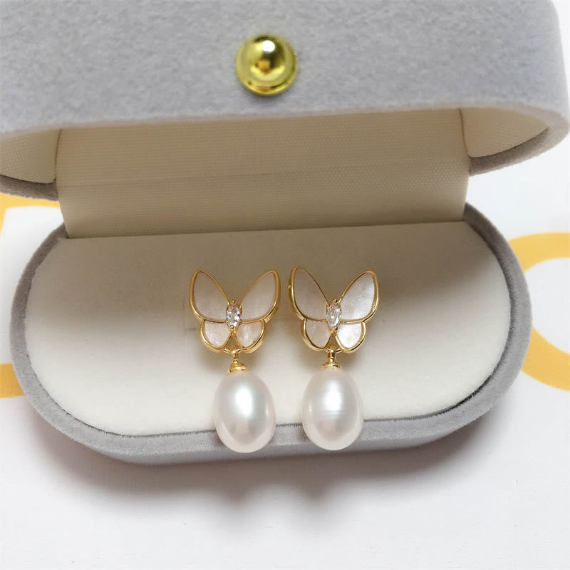 Fortune Jewel 925 Sterling Silver Posts 18K Gold Plated Copper Pearl Butterfly Optimism Stud Earrings
