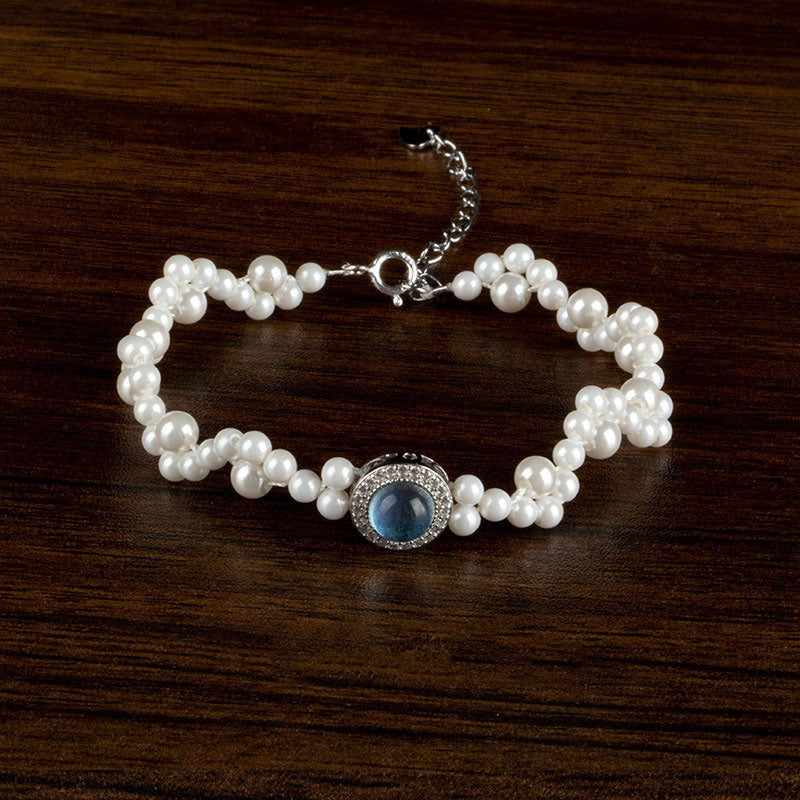 Fortune Jewel 925 Sterling Silver Pearl Blue Chalcedony Healing Chain Bracelet Ring