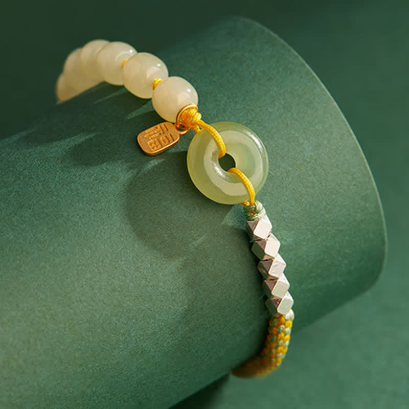 Fortune Jewel 925 Sterling Silver Hetian Jade Peace Buckle Beaded Luck Happiness Charm Bracelet