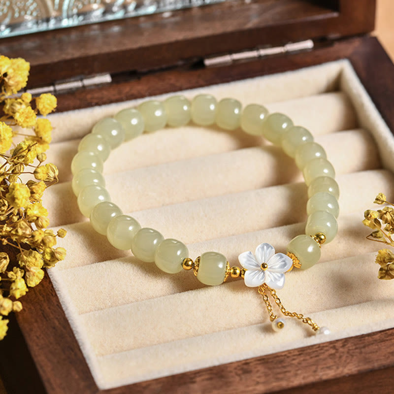 Fortune Jewel 925 Sterling Silver Natural Hetian Jade Luck Flower Bracelet