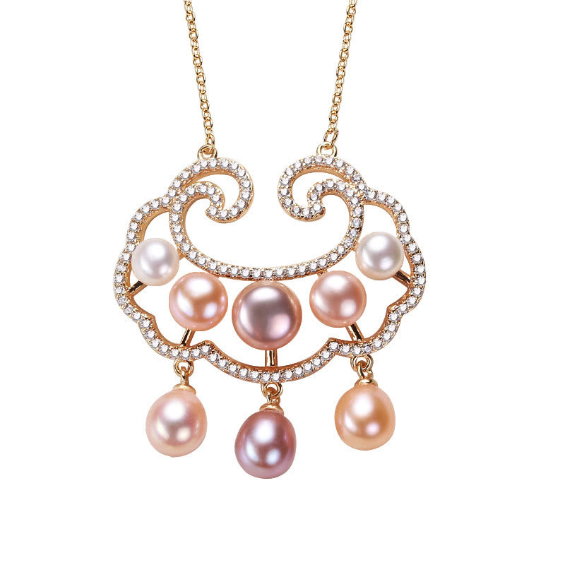 Fortune Jewel 18K Gold Plated Natural Pearl Chinese Lock Charm Sincerity Necklace Pendant
