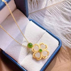 Fortune Jewel 925 Sterling Silver Lucky Four Leaf Clover Jade Prosperity Necklace Chain Pendant