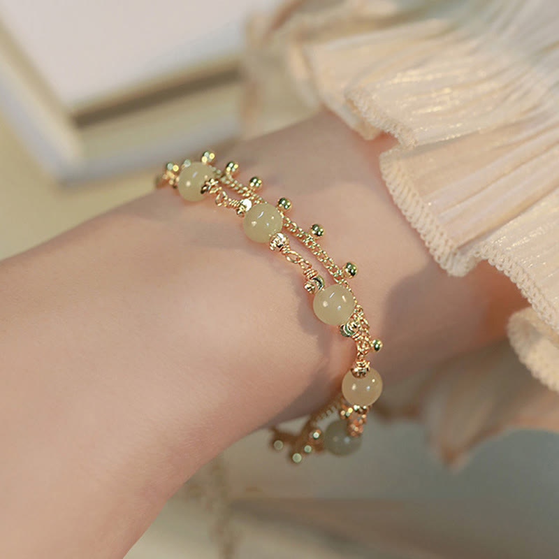 Fortune Jewel 14K Gold Plated 2 Layers Hetian Jade Bead Luck Prosperity Bracelet