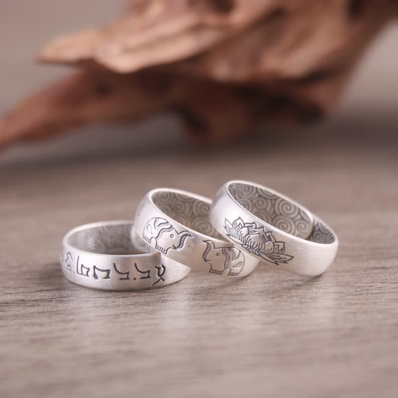 Fortune Jewel 999 Sterling Silver Lotus Elephant Six True Words Blessing Ring Fortune Jewel