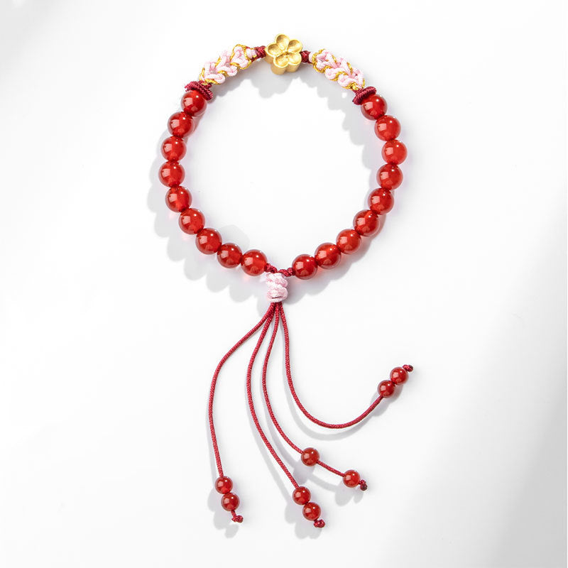 Fortune Jewel 999 Sterling Silver Natural Red Agate Pink Crystal Cherry blossom Bracelet