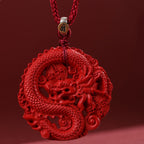 Fortune Jewel Year of the Dragon 925 Sterling Silver Natural Cinnabar Copper Coin Luck Necklace Pendant
