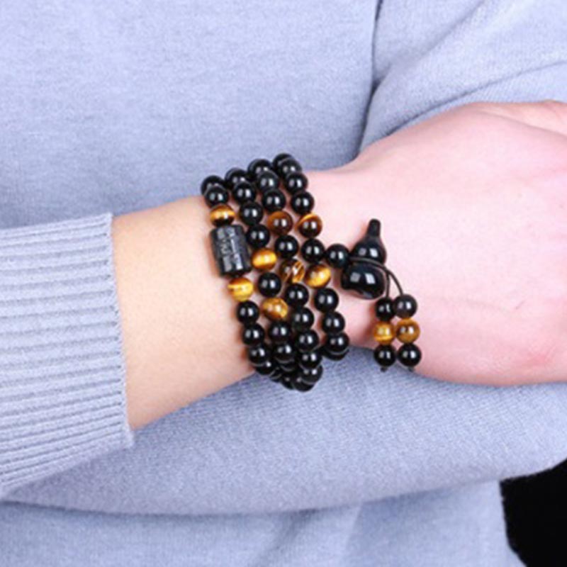 Fortune Jewel Natural Black Obsidian Rainbow Obsidian Gourd Blessing Bracelet Mala