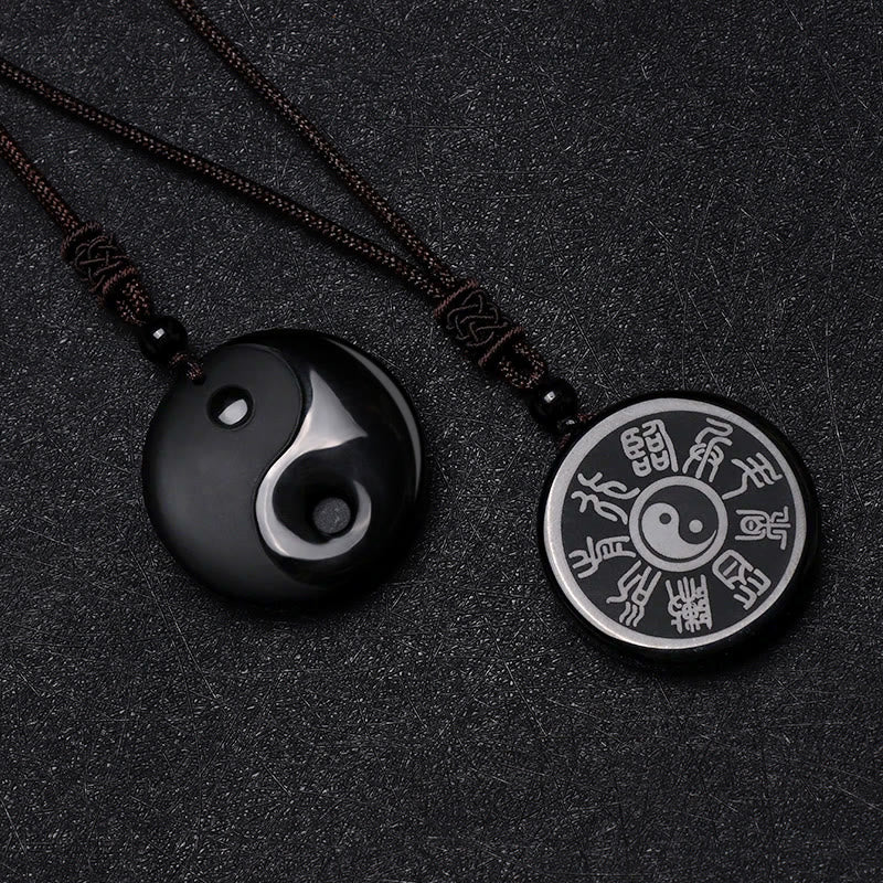 Fortune Jewel Black Obsidian Taoism Five Sacred Mountains Nine-Character Mantra Carved Purification Yin Yang Necklace Pendant