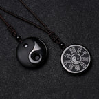 Fortune Jewel Black Obsidian Taoism Five Sacred Mountains Nine-Character Mantra Carved Purification Yin Yang Necklace Pendant