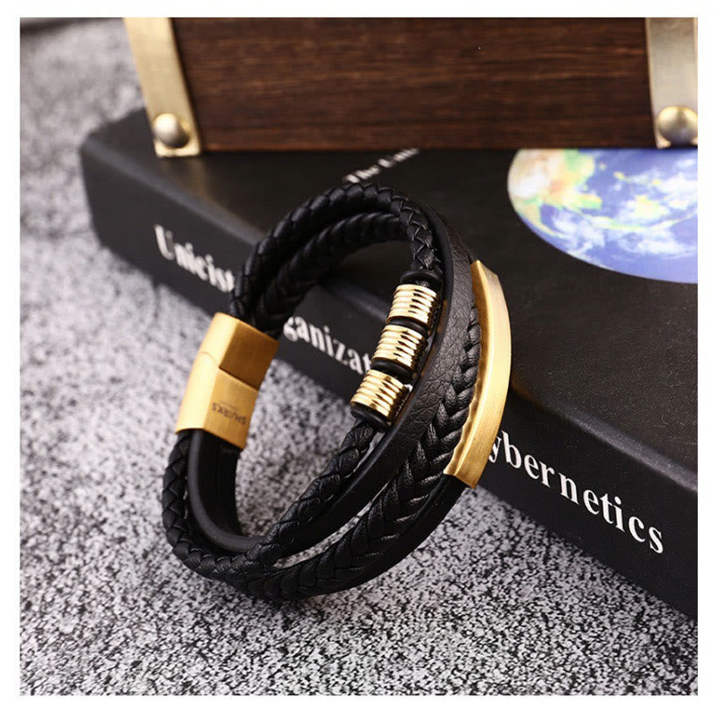 Fortune Jewel Leather Multi-Layer Titanium Steel Balance Braided Magnetic Buckle Bracelet