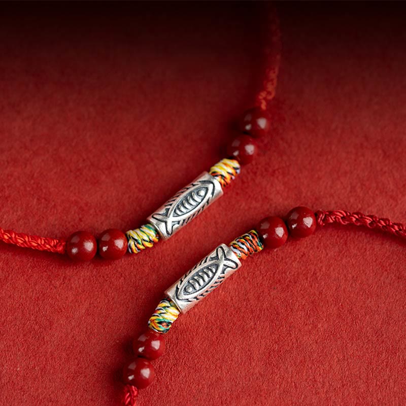 Fortune Jewel 925 Sterling Silver Koi Fish Cinnabar Bead Wealth Handcrafted Braided Bracelet Anklet